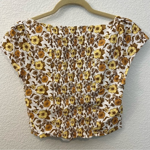 Forever 21 Yellow White Retro Floral Linen Blend Zip Crop Top- Size Large - Picture 13 of 16